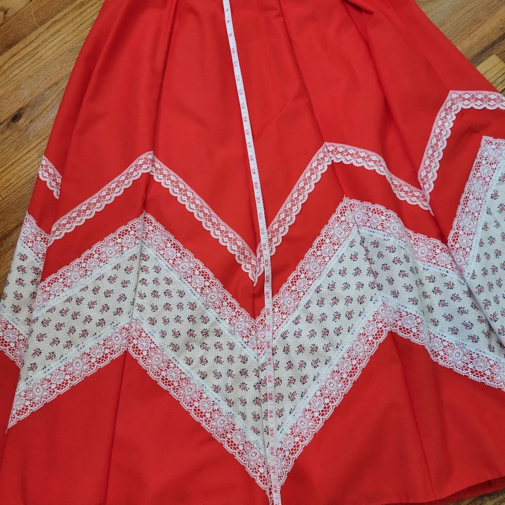 Vintage 1970s Carefree Fashions Red Lace Trim Maxi Skirt - Picture 14 of 16